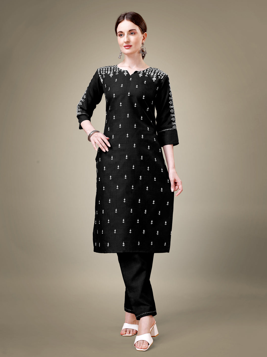 Black Cotton Blend Kurta Set  With Embroidery & Sequence Work