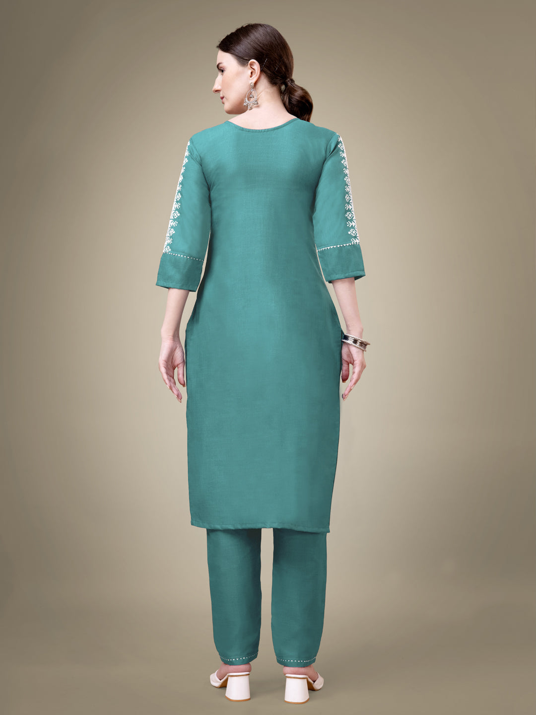 Teal Cotton Blend Kurta Set  With Embroidery & Sequence Work