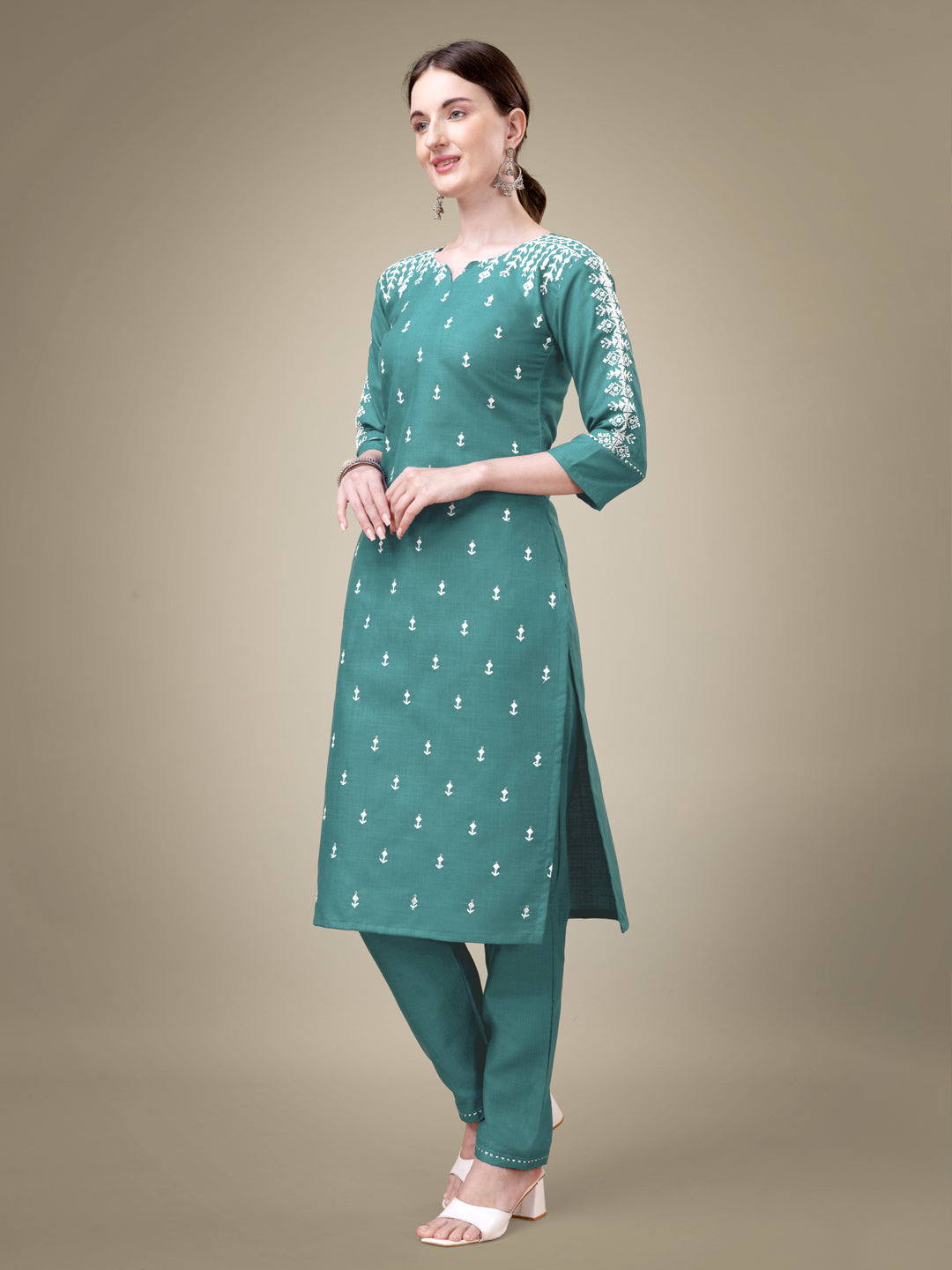 Teal Cotton Blend Kurta Set  With Embroidery & Sequence Work