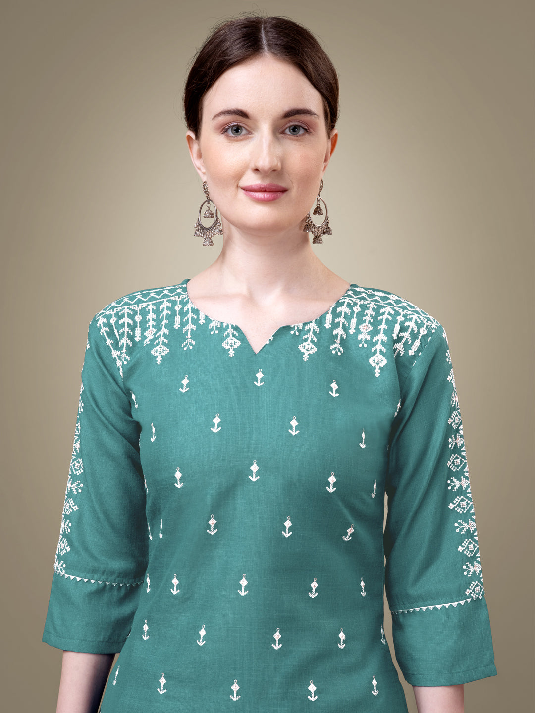 Teal Cotton Blend Kurta Set  With Embroidery & Sequence Work