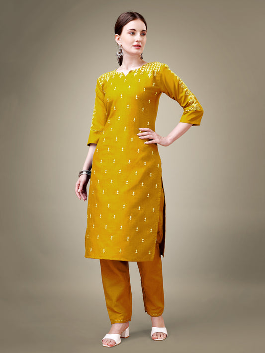 Yellow Cotton Blend Kurta Set  With Embroidery & Sequence Work