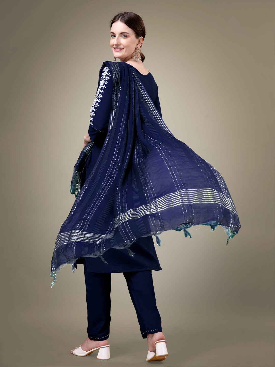 NavyBlue Cotton Blend Kurta Set  With Sequence Embroidery Work