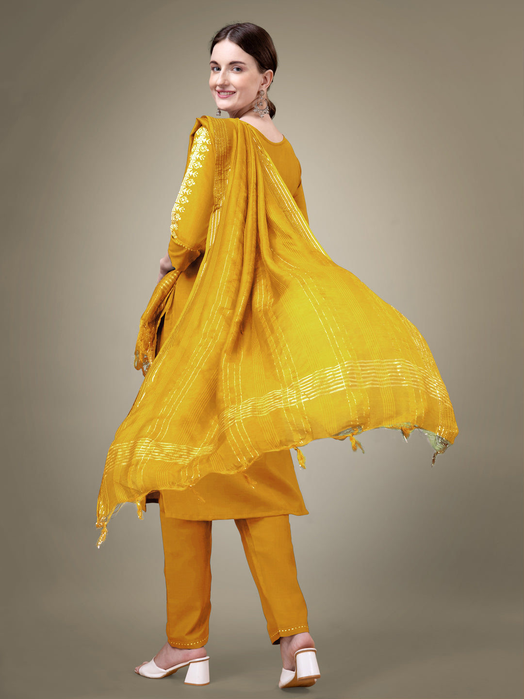 Yellow Cotton Blend Kurta Set  With Sequence & Embroidery Work
