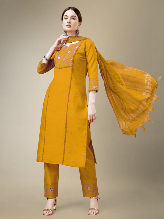 Yellow Cotton Blend Kurta Set  With Embroidery & Fancy Lace Work