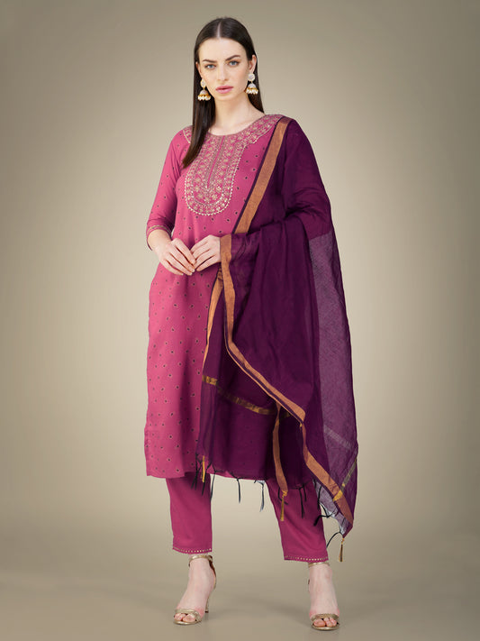 Wine Cotton Magic Slub Kurta Set  With Embroidery & Sequence Work