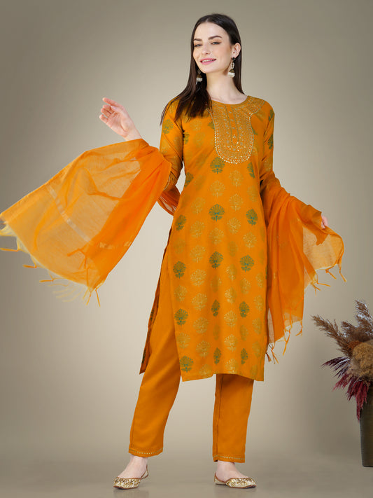 Yellow Cotton Magic Slub Kurta Set  With Embroidery & Sequence Work