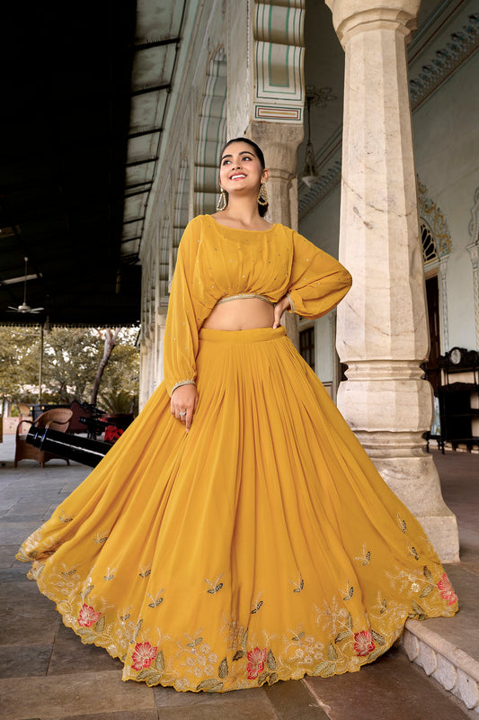 Georgette With Sequins and Thread Embroidery Work Crop Top Lehenga