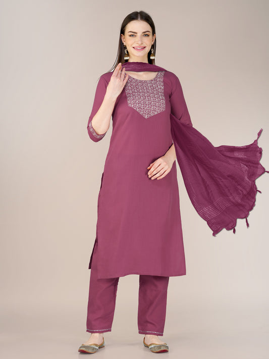 Wine Cotton Blend Kurta Set  With Embroidery & Sequence Work