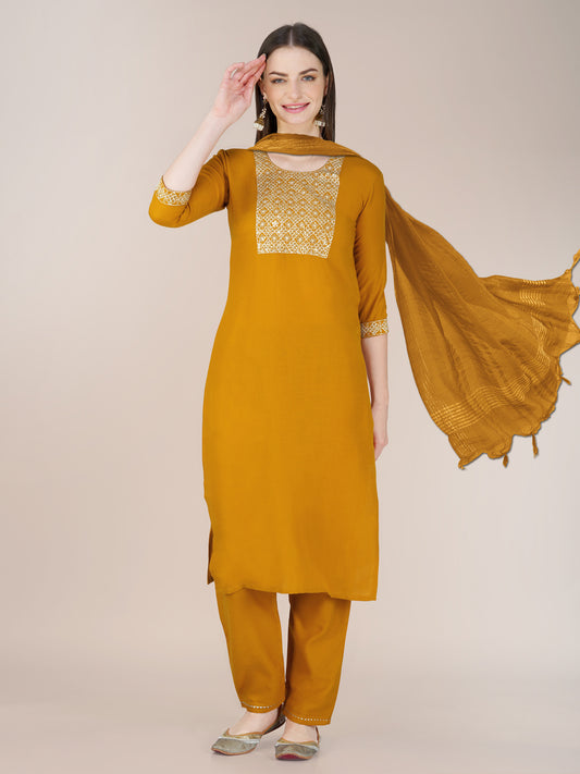 Yellow Cotton Blend Kurta Set  With Embroidery & Sequence Work