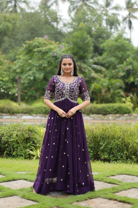 Purple Georgette Kurta Set  With Embroidery Zari Sequins-Work