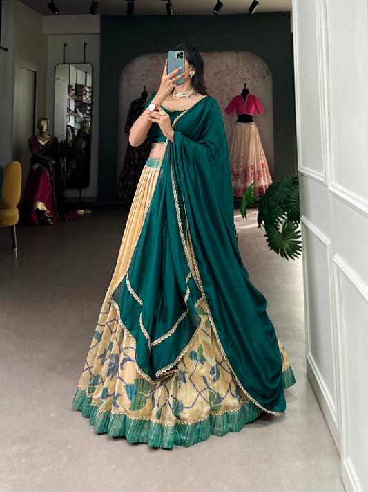 Green Silk With  Printed Lehenga Choli