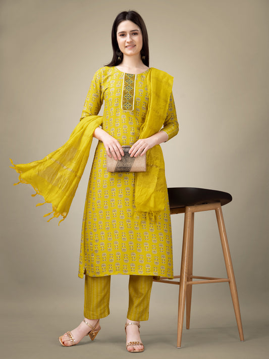 Yellow Rayon Print Kurta Set  With Embroidery & Fancy Lace Work