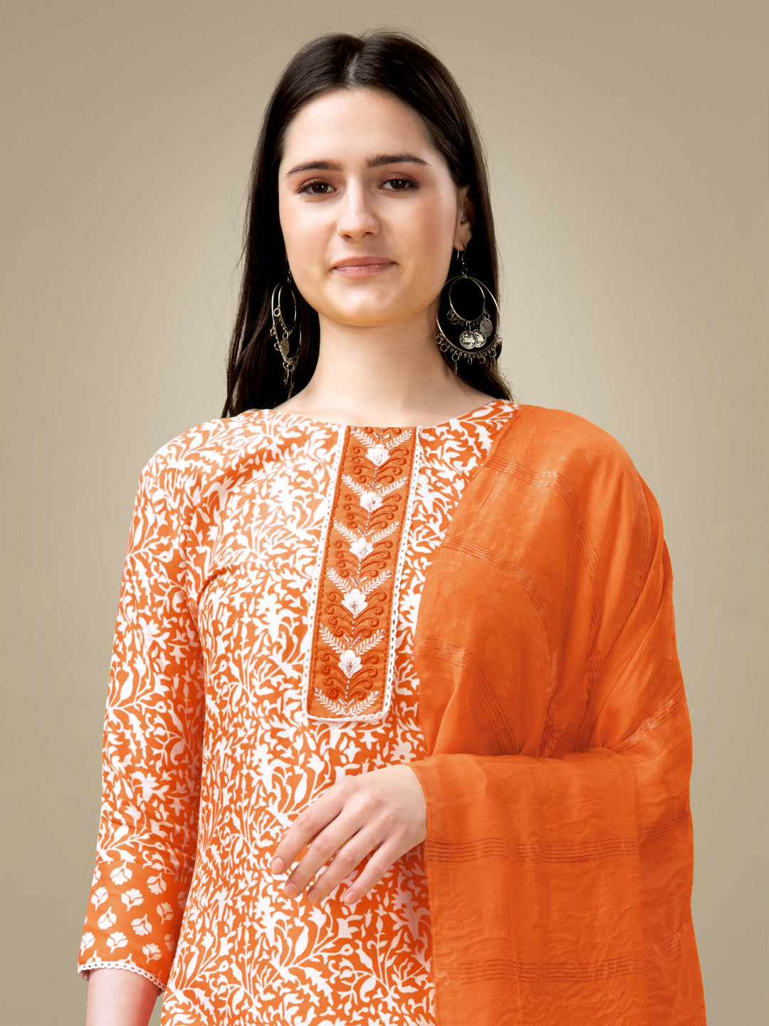 Orange Rayon Print Kurta Set  With Embroidery & Fancy Lace Work