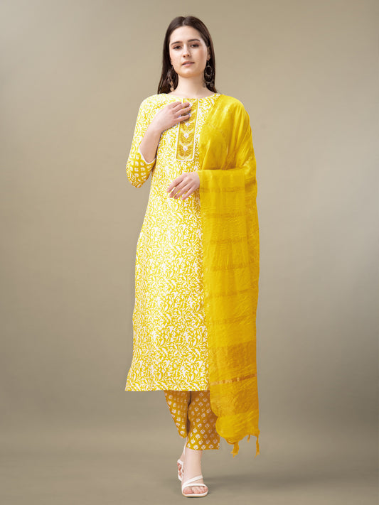 Yellow Rayon Print Kurta Set  With Embroidery & Fancy Lace Work