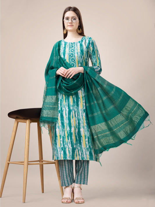 Rama Rayon Print Kurta Set  With Embroidery & Fancy Lace Work