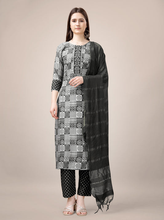 Black Rayon Print Kurta Set  With Embroidery & Fancy Lace Work