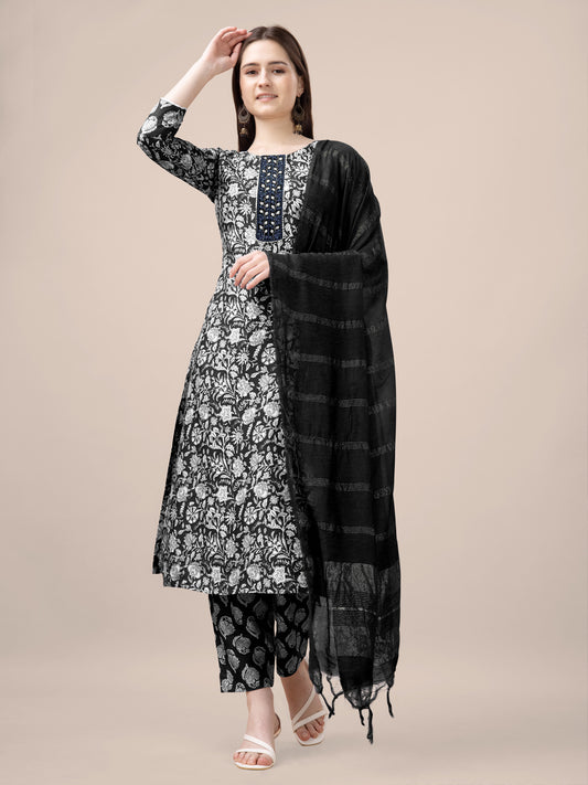 Black Rayon Print Kurta Set  With Embroidery & Fancy Lace Work