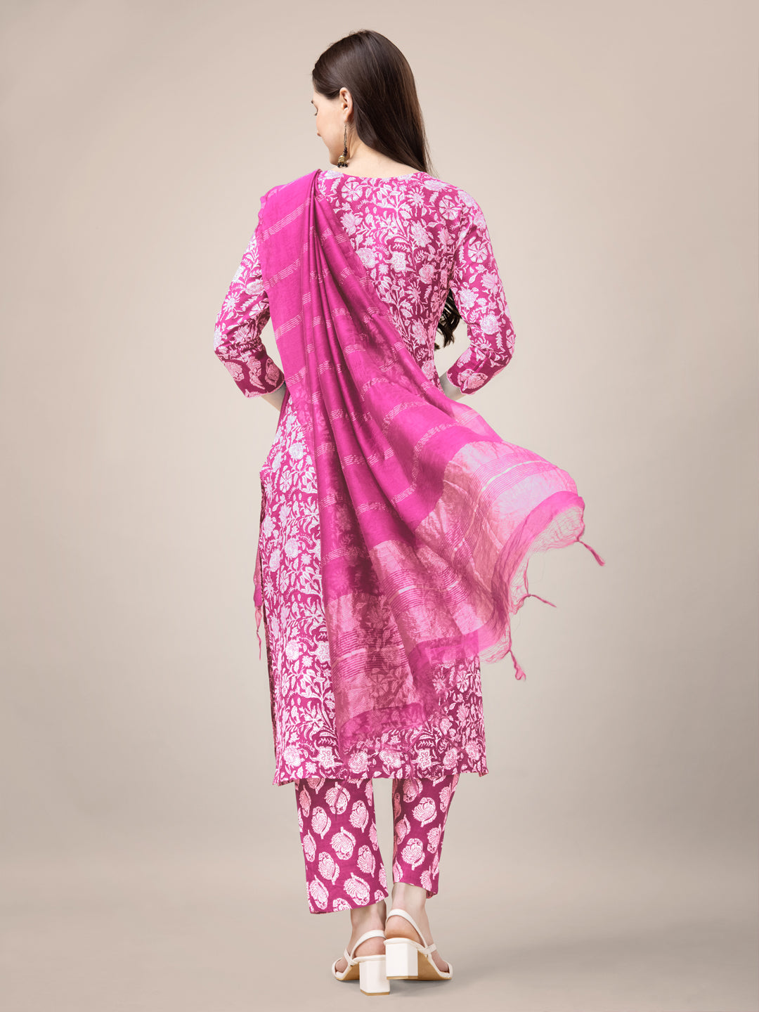 Pink Rayon Print Kurta Set  With Embroidery & Fancy Lace Work