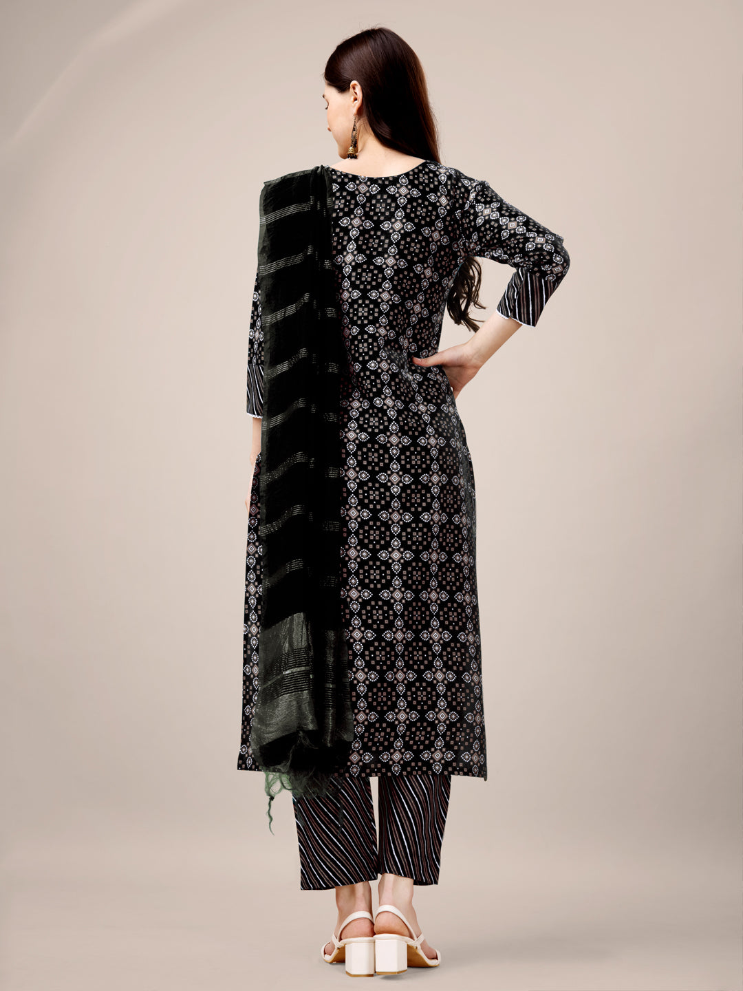 Black Rayon Print Kurta Set  With Embroidery & Fancy Lace Work