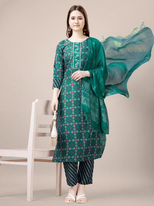 Rama Rayon Print Kurta Set  With Embroidery & Fancy Lace Work