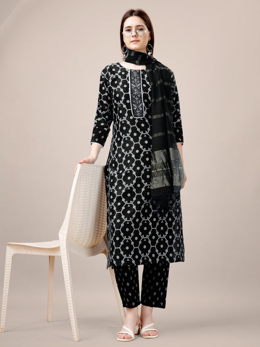 Black Rayon Print Kurta Set  With Embroidery & Fancy Lace Work