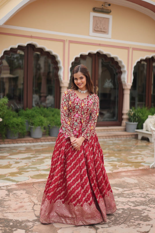 Red Floral Embroidered Lehenga Set