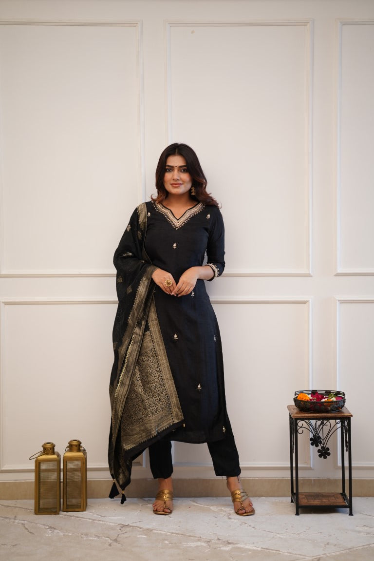 Black Embroidered Straight Kurta Set