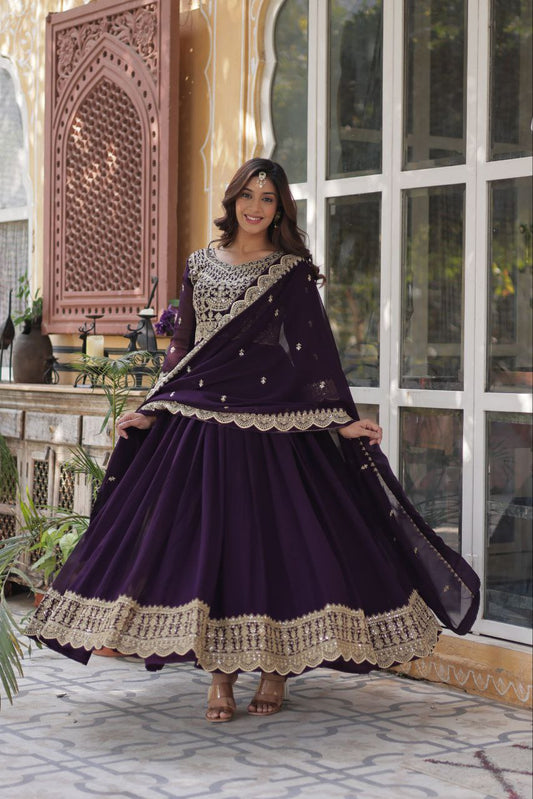 Purple Embroidery Work Georgette Lehenga