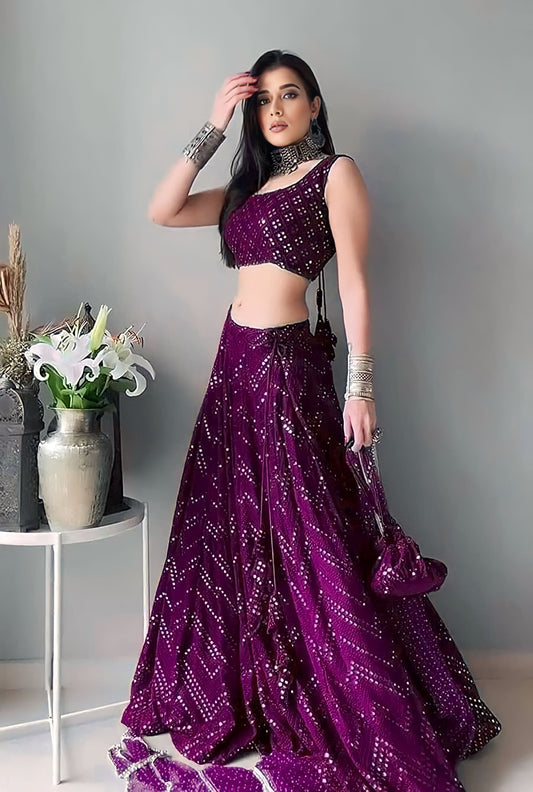 Wine Thread Embroidery Work Lehenga