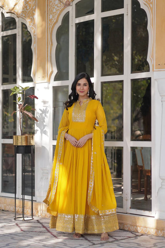 Yellow Sequin Embroidery Work Lehenga Kurta