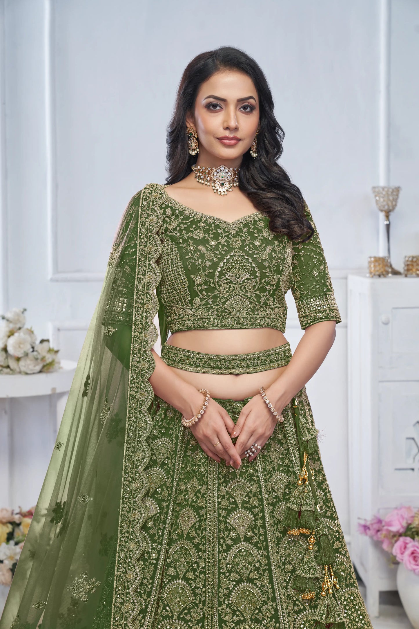 Peacock Green Embroidered Bridal lehenga