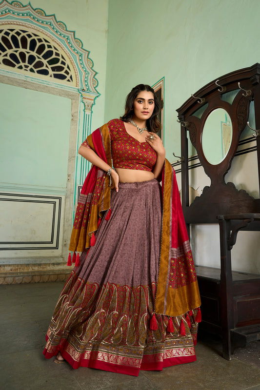 Onnion Kashmiri Print With Foil Print in Tussar Silk Lehenga Choli