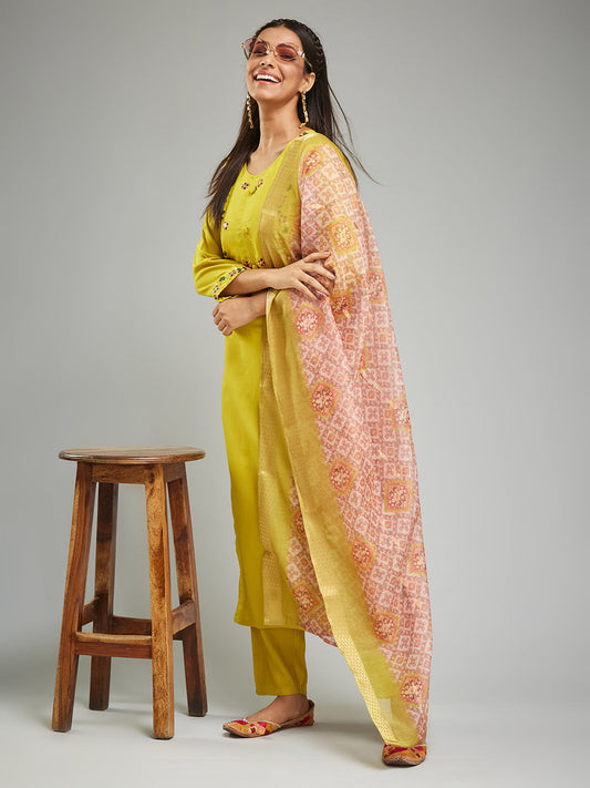 Women Yellow Chanderi Silk Embroidered Kurta Pant Dupatta Set