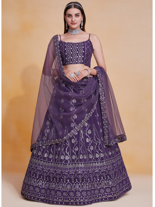 Purple Zari Sequence Embroidery Work Georgette Lehenga Choli