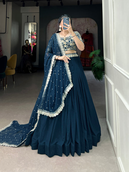 Teal Colour Georgette With Thread Embroidery Work Lehenga Choli