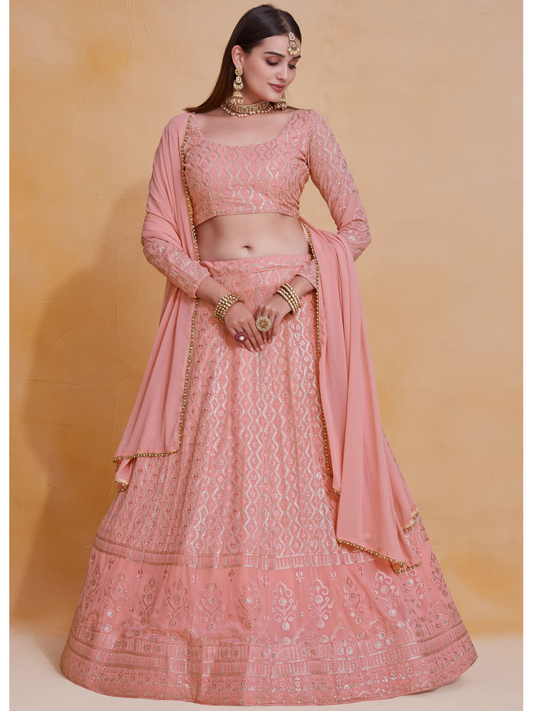 Pink Georgette Thread Sequence Embroidery Work Lehenga Choli