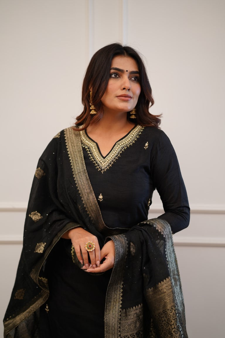 Black Embroidered Straight Kurta Set