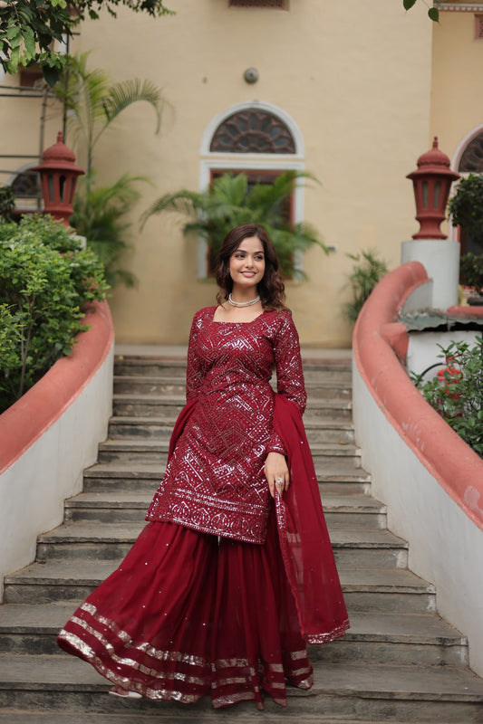 Maroon Embroidered Sharara Set