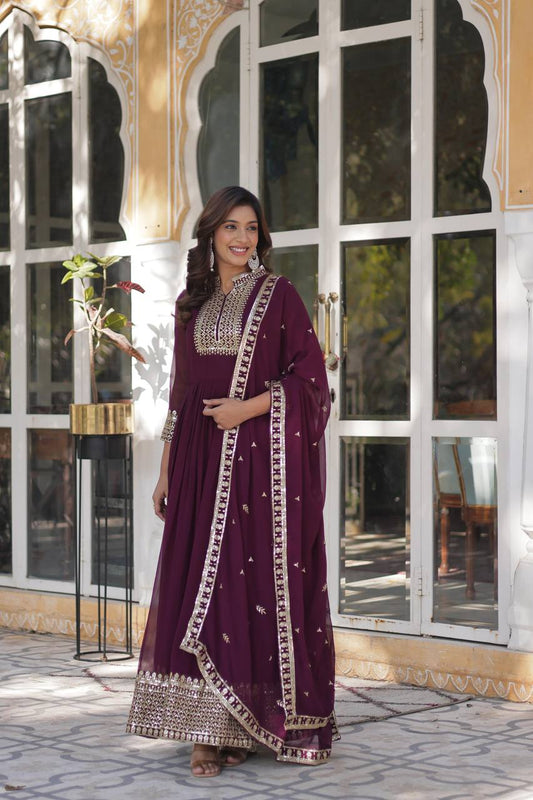 Wine Sequin Embroidery Work Kurta