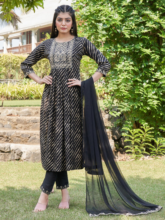 Women Black Embroidered A-Line Kurta Trousers With Dupatta Set