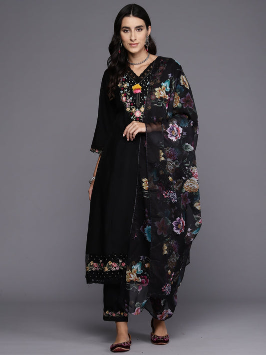 Women Black Embroidered A-Line Kurta Trousers With Dupatta Set