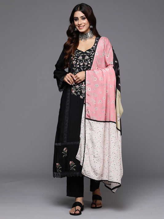 Women Black Embroidered Straight Kurta Trousers With Dupatta Set