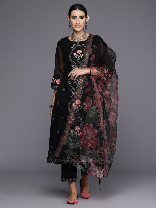 Women Black Embroidered Straight Kurta Trousers With Dupatta Set