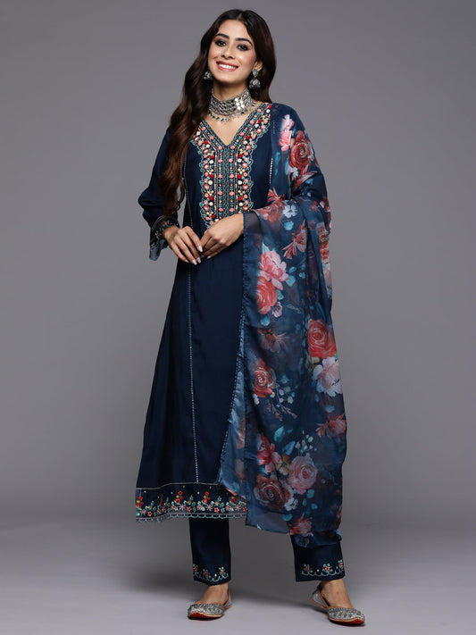 Women Blue Embroidered A-Line Kurta Trousers With Dupatta Set