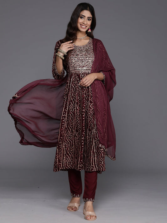 Women Burgundy Embroidered A-Line Kurta Trousers With Dupatta Set