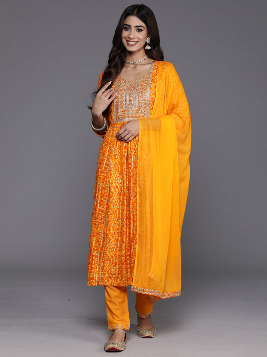 Women Yellow Embroidered A-Line Kurta Trousers With Dupatta Set