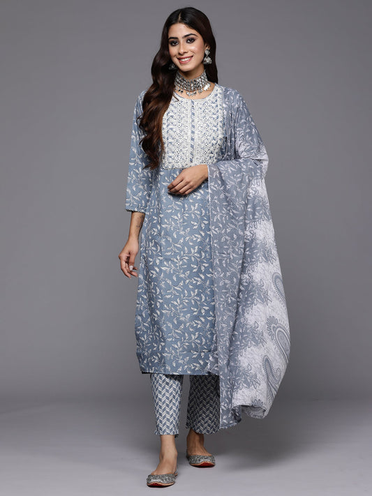 Women Grey Embroidered Straight Kurta Trousers With Dupatta Set