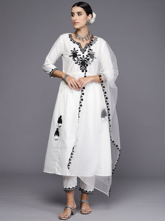 Women White Embroidered A-Line Kurta Trousers With Dupatta Set