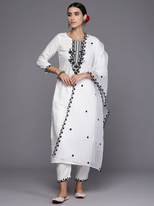 Women White Embroidered Straight Kurta Trousers With Dupatta Set