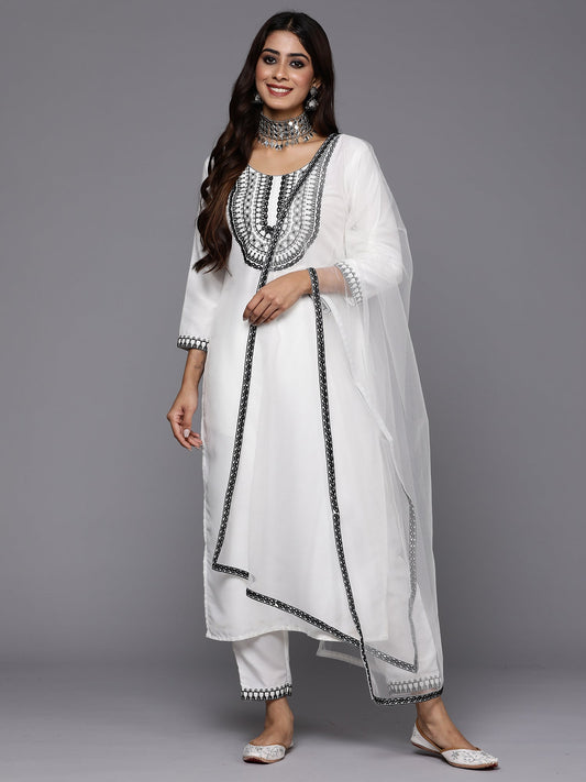 Women White Embroidered Straight Kurta Trousers With Dupatta Set